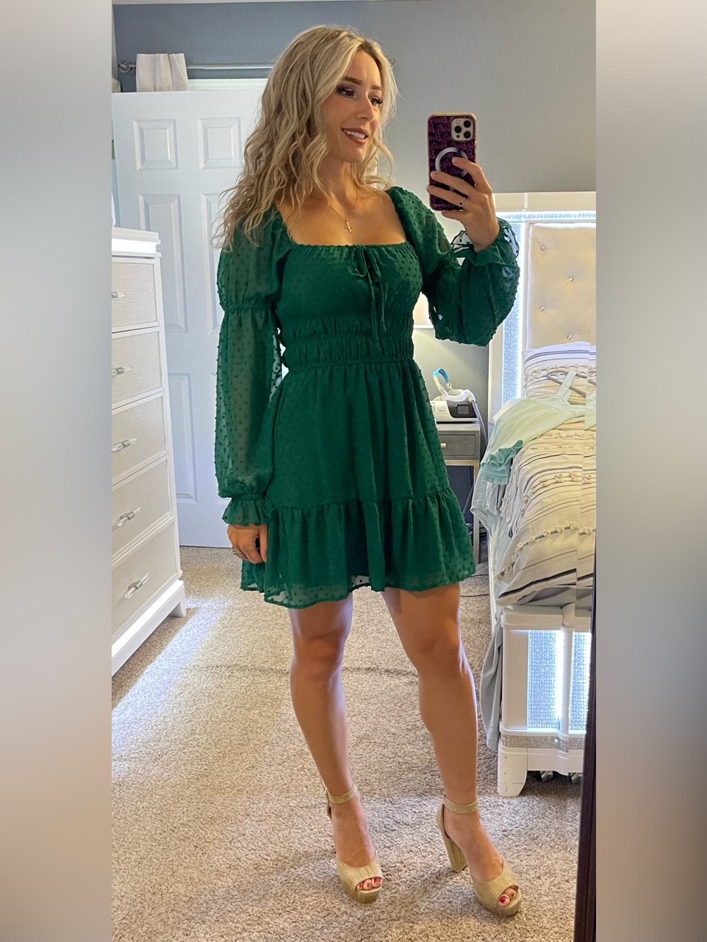 mi ami Green Long Sleeve Smocked Tiered Mini Dress